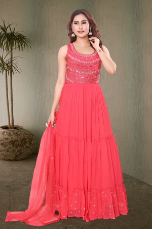 Tomato Pink Greorgette /Chiffon Gown